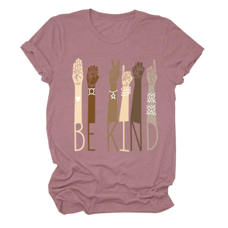 BE KIND Sign Language Colorful Fist Print Short Sleeve T-Shirt