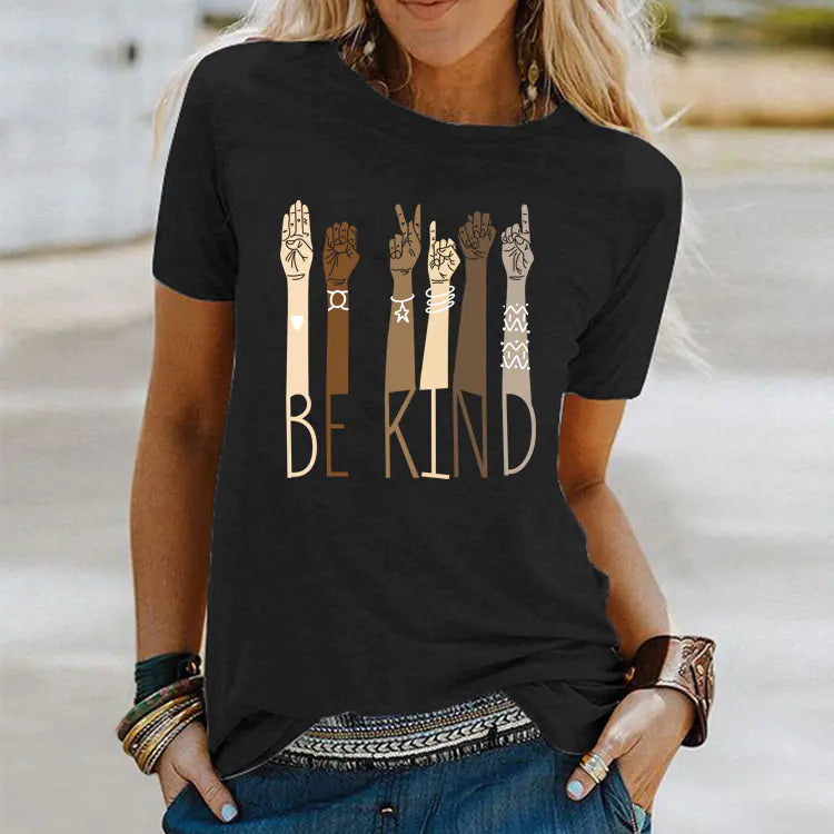 BE KIND Sign Language Colorful Fist Print Short Sleeve T-Shirt