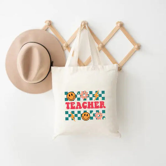 Retro Teacher Checkered Tote Bag