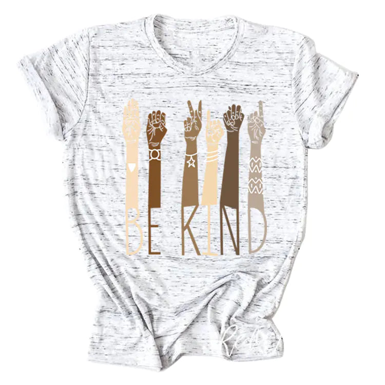 BE KIND Sign Language Colorful Fist Print Short Sleeve T-Shirt