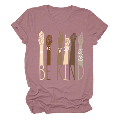 BE KIND Sign Language Colorful Fist Print Short Sleeve T-Shirt