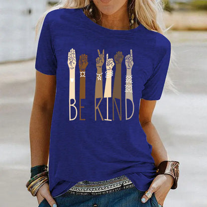 BE KIND Sign Language Colorful Fist Print Short Sleeve T-Shirt