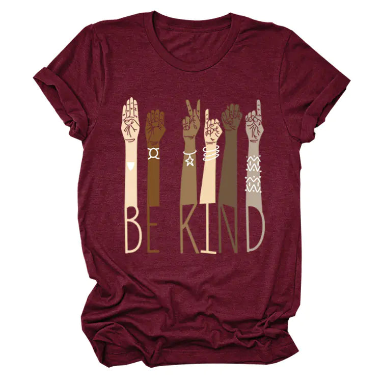 BE KIND Sign Language Colorful Fist Print Short Sleeve T-Shirt